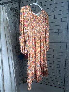 Lost + Wander Long Sleeve Floral Midi Dress in Orange, Pink and Cream